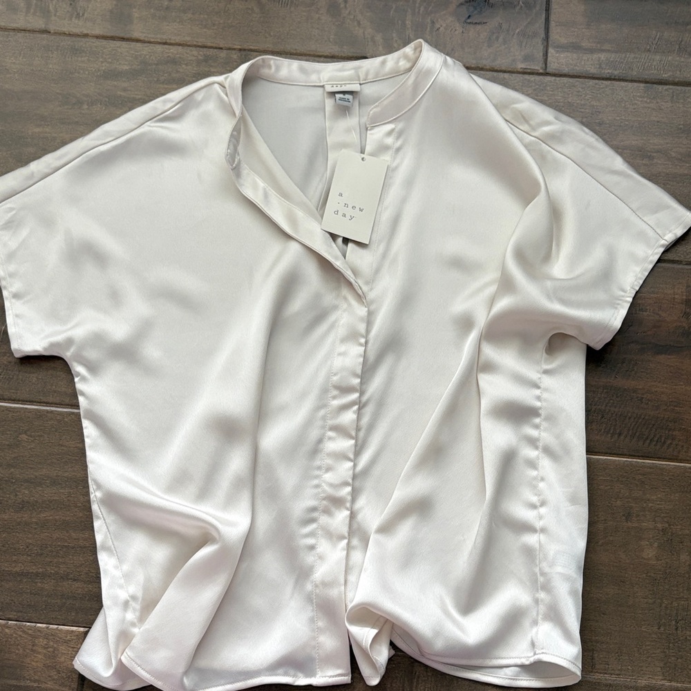 A New Day Women's White Satin Button Down Shirt